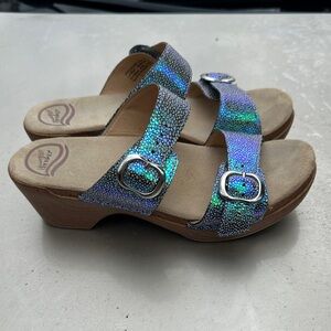 Holographic Blue Green Slide Sandals with Buckles